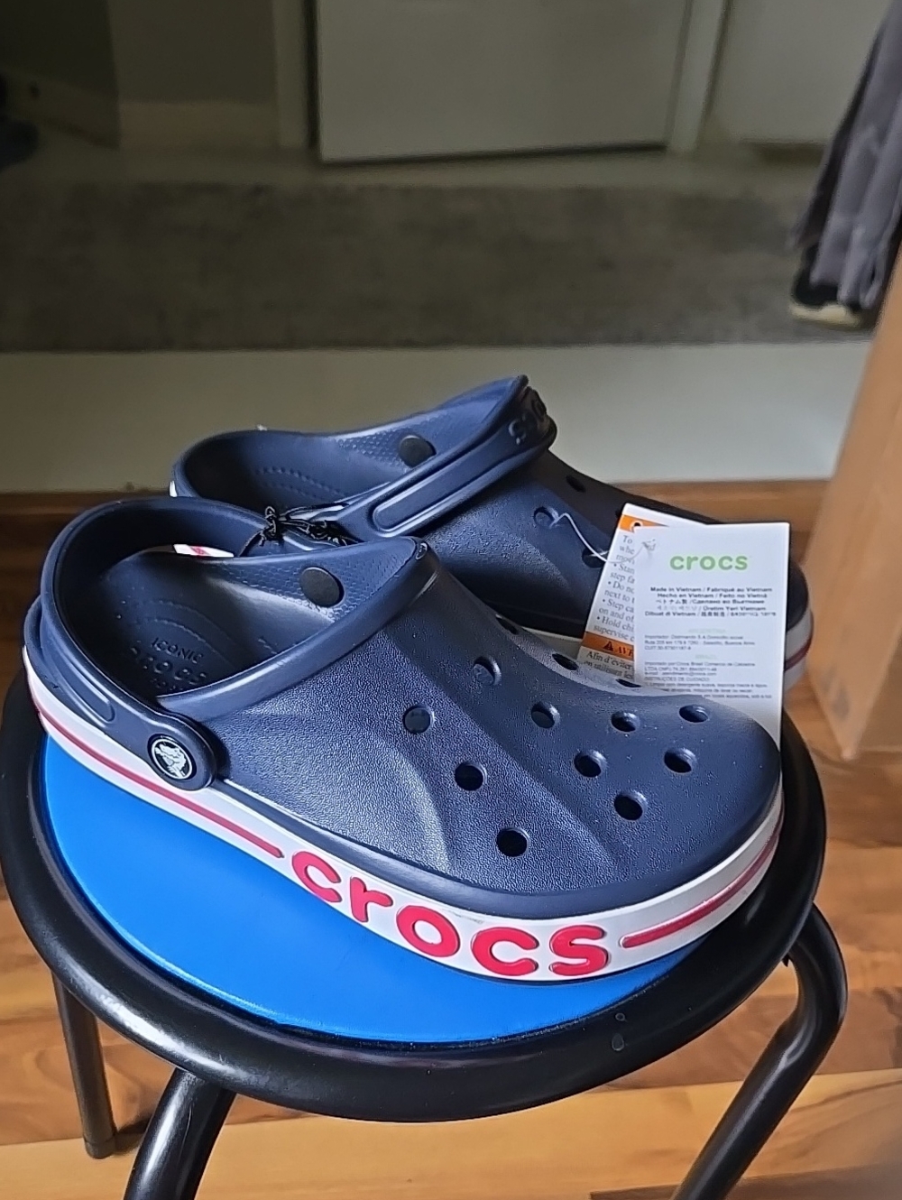 CROCS Navy Blue  Unisex Clogs with Red and White Branding- Size 5Mens 7women